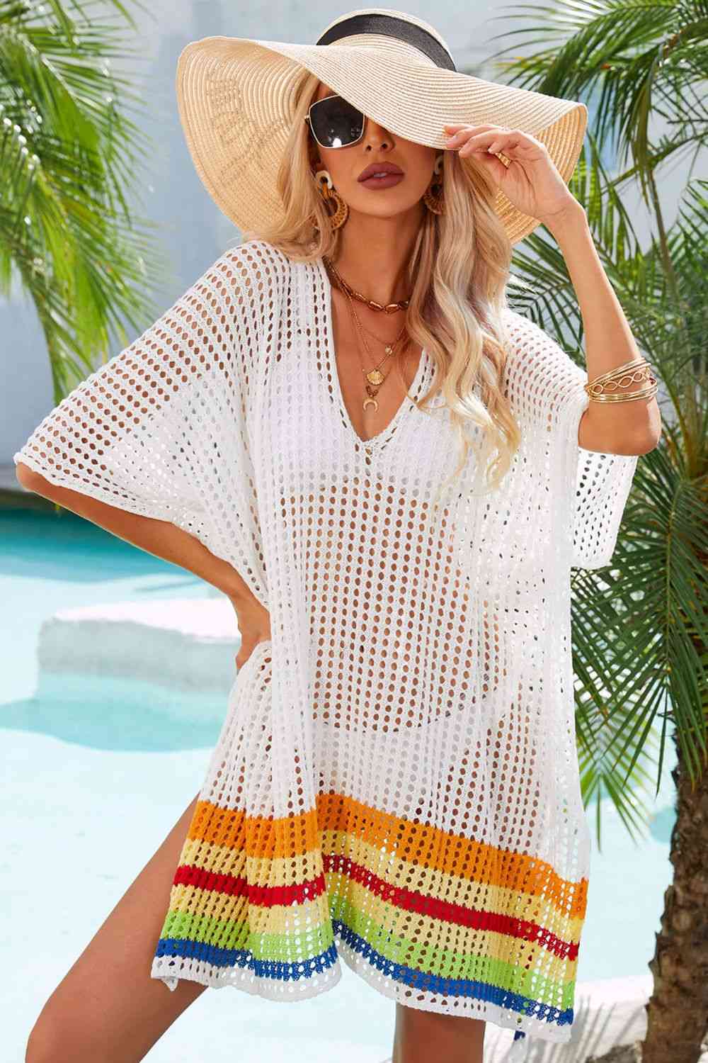 Rainbow Stripe Openwork Slit Cover-Up