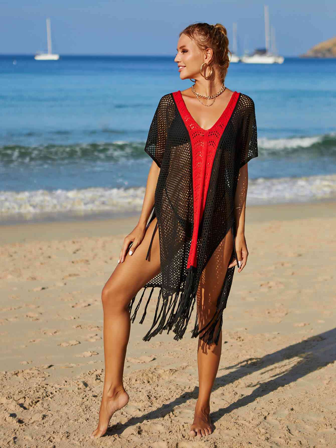 Contrast Fringe Trim Openwork Cover-Up Dress