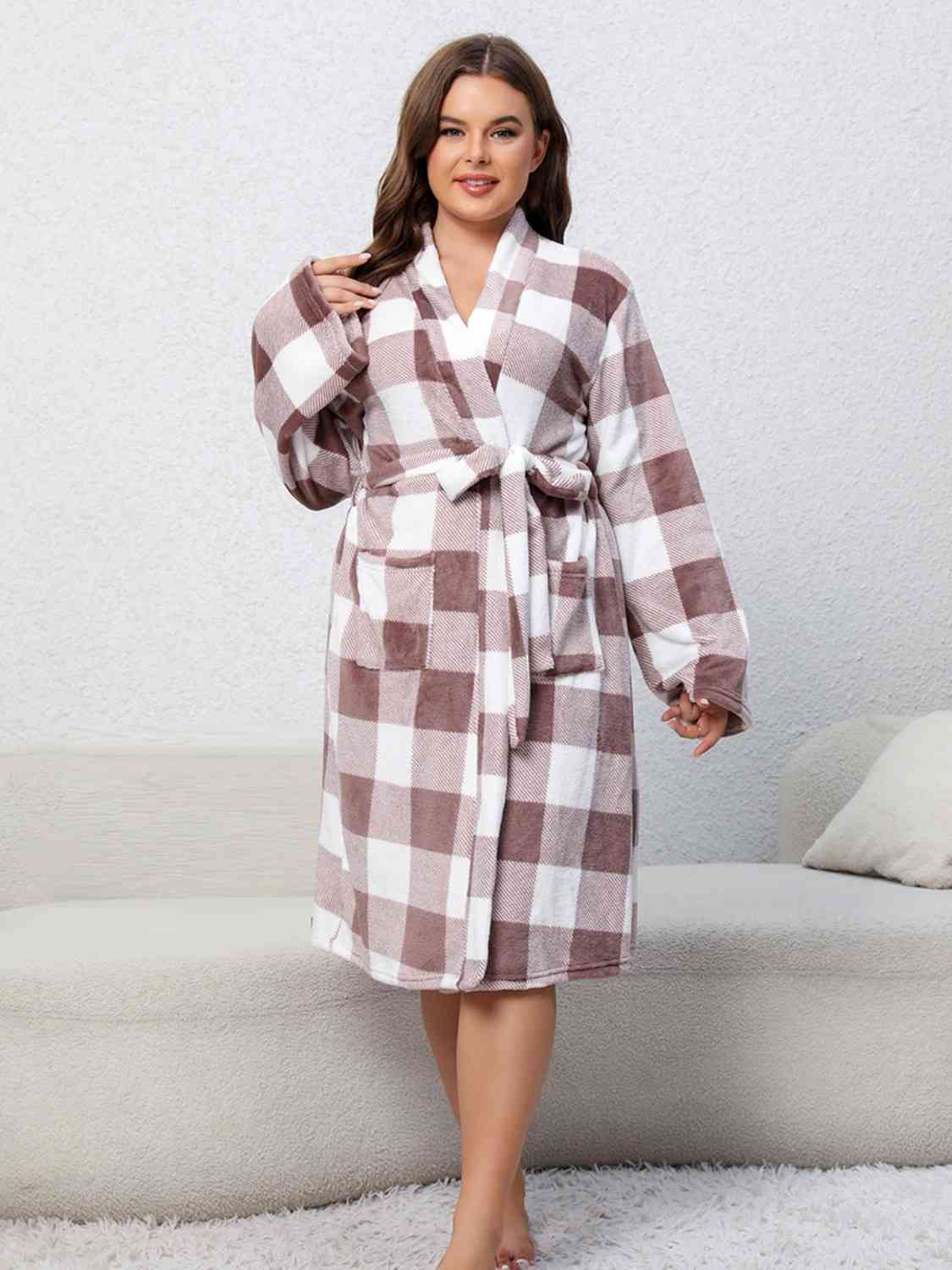 Plus Size Plaid Tie Front Robe with Pockets