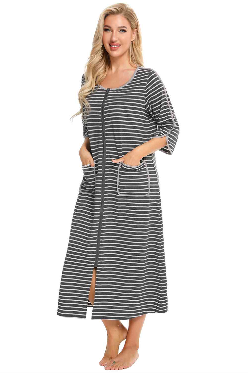 Round Neck Three-Quarter Sleeve Midi Night Dress